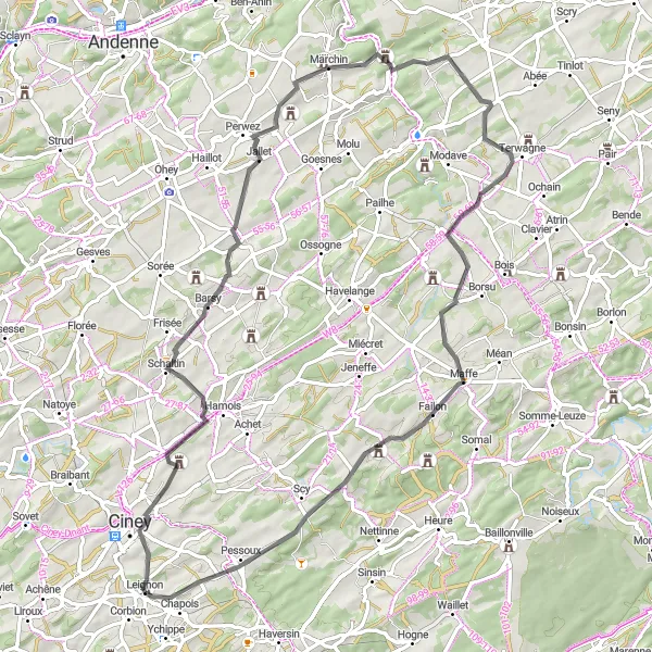 Karten-Miniaturansicht der Radinspiration "Die malerische Ciney-Route" in Prov. Namur, Belgium. Erstellt vom Tarmacs.app-Routenplaner für Radtouren