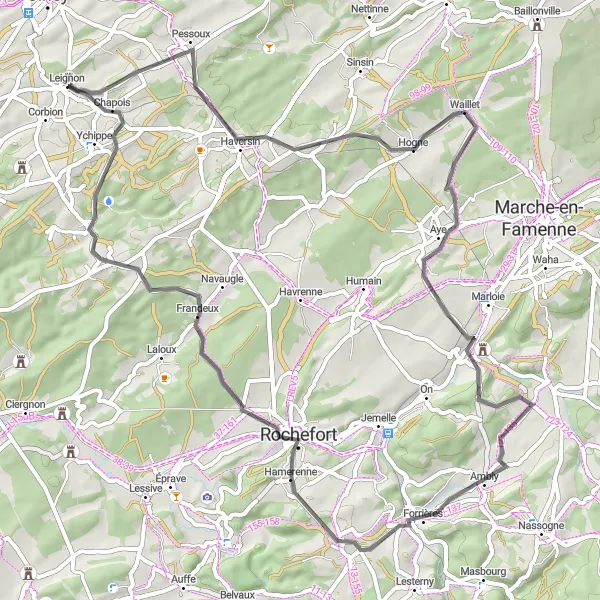 Map miniature of "Leignon to Nostalgic Route" cycling inspiration in Prov. Namur, Belgium. Generated by Tarmacs.app cycling route planner