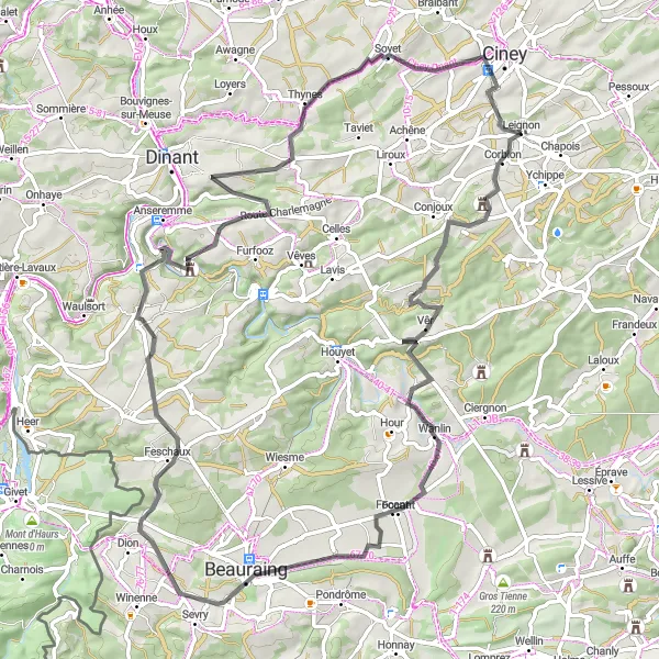 Karten-Miniaturansicht der Radinspiration "Rund um Leignon: Schlossrouten" in Prov. Namur, Belgium. Erstellt vom Tarmacs.app-Routenplaner für Radtouren