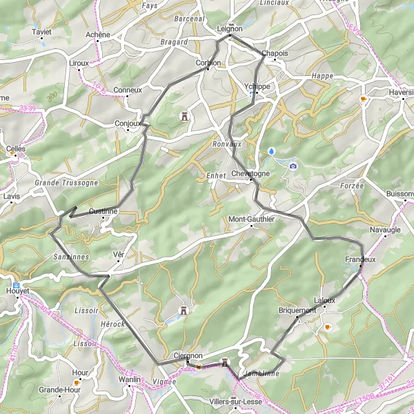 Miniature de la carte de l'inspiration cycliste "La Boucle du Château Royal" dans la Prov. Namur, Belgium. Générée par le planificateur d'itinéraire cycliste Tarmacs.app