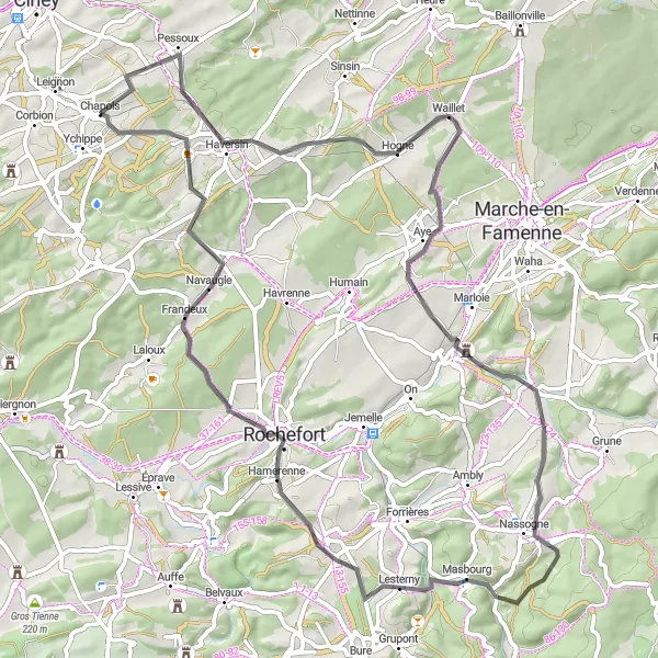 Karten-Miniaturansicht der Radinspiration "Die pittoreske Pessoux-Route" in Prov. Namur, Belgium. Erstellt vom Tarmacs.app-Routenplaner für Radtouren