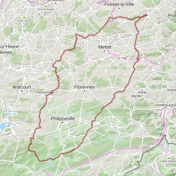 Karten-Miniaturansicht der Radinspiration "Entdeckungsreiche Gravel-Tour in der Nähe von Lesve" in Prov. Namur, Belgium. Erstellt vom Tarmacs.app-Routenplaner für Radtouren