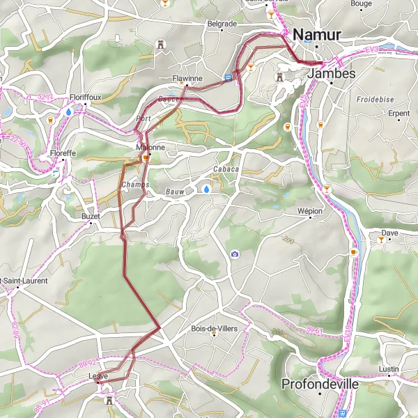 Miniatuurkaart van de fietsinspiratie "Kastelenroute van Lesve naar Malonne" in Prov. Namur, Belgium. Gemaakt door de Tarmacs.app fietsrouteplanner