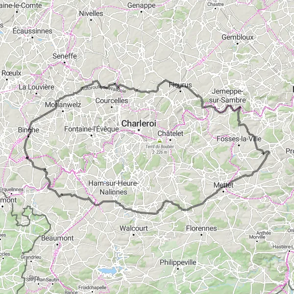 Map miniature of "Lesve to Binche Loop" cycling inspiration in Prov. Namur, Belgium. Generated by Tarmacs.app cycling route planner