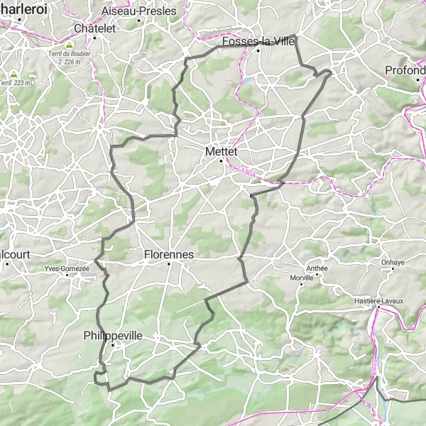 Karten-Miniaturansicht der Radinspiration "Straßenroute Lesve - Fosses-la-Ville" in Prov. Namur, Belgium. Erstellt vom Tarmacs.app-Routenplaner für Radtouren