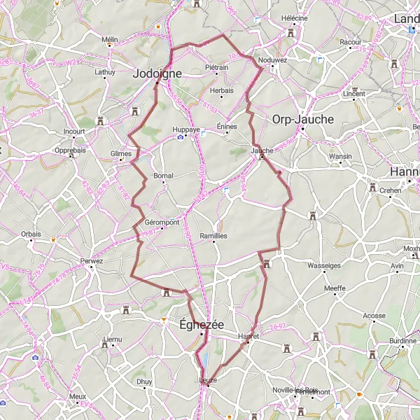 Miniature de la carte de l'inspiration cycliste "Tour de la Vallée de la Burdinale" dans la Prov. Namur, Belgium. Générée par le planificateur d'itinéraire cycliste Tarmacs.app