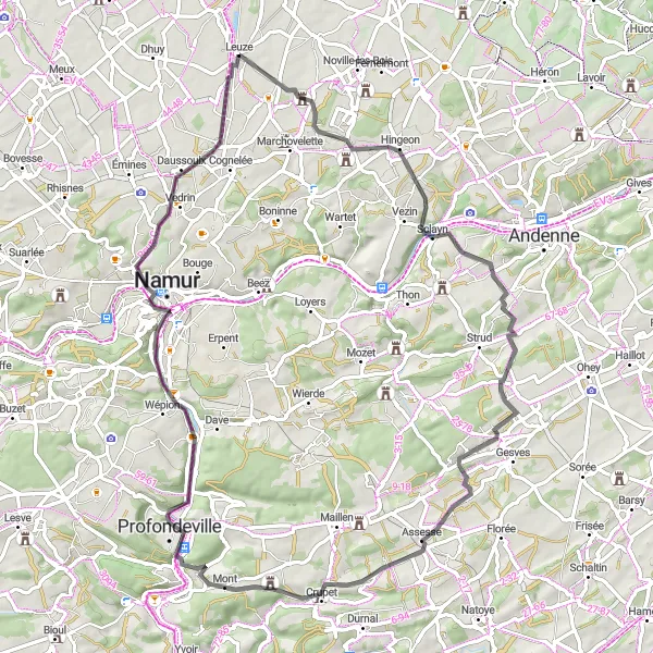 Map miniature of "Challenging Road Cycling Route" cycling inspiration in Prov. Namur, Belgium. Generated by Tarmacs.app cycling route planner