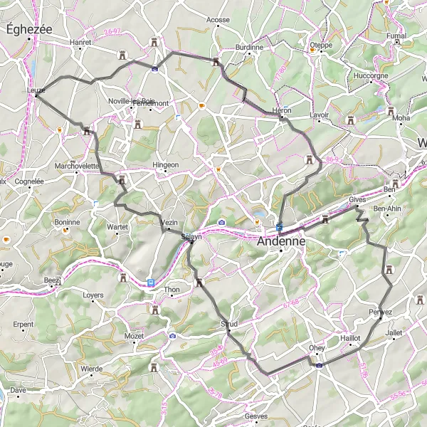Map miniature of "Explorative Road Cycling Route" cycling inspiration in Prov. Namur, Belgium. Generated by Tarmacs.app cycling route planner