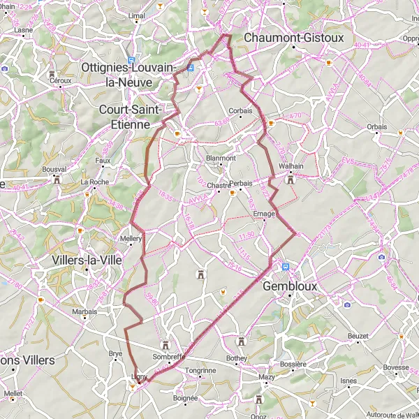 Karten-Miniaturansicht der Radinspiration "Mellery und Louvain-la-Neuve Radtour" in Prov. Namur, Belgium. Erstellt vom Tarmacs.app-Routenplaner für Radtouren