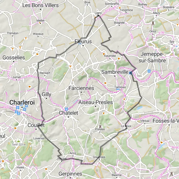 Miniatuurkaart van de fietsinspiratie "Rondrit van Ligny naar Velaine-sur-Sambre en Fleurus" in Prov. Namur, Belgium. Gemaakt door de Tarmacs.app fietsrouteplanner