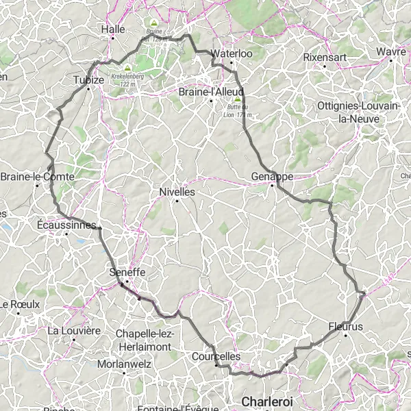 Map miniature of "Challenging Road Cycling Route near Ligny" cycling inspiration in Prov. Namur, Belgium. Generated by Tarmacs.app cycling route planner