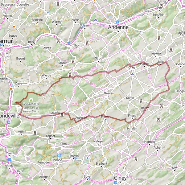 Miniatuurkaart van de fietsinspiratie "Gravelroute in de heuvels van Namur" in Prov. Namur, Belgium. Gemaakt door de Tarmacs.app fietsrouteplanner