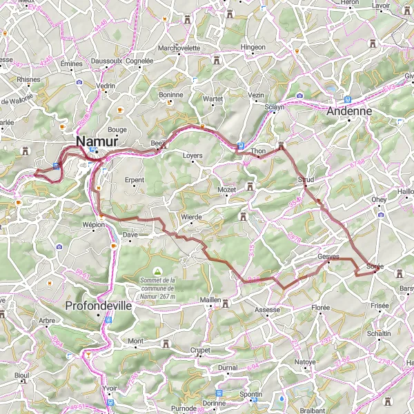 Map miniature of "Gravel Ride to Beez and Sorée" cycling inspiration in Prov. Namur, Belgium. Generated by Tarmacs.app cycling route planner