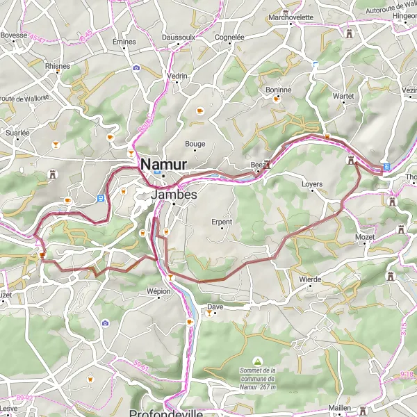 Karten-Miniaturansicht der Radinspiration "Graveltour von Malonne nach Andoy und zurück" in Prov. Namur, Belgium. Erstellt vom Tarmacs.app-Routenplaner für Radtouren