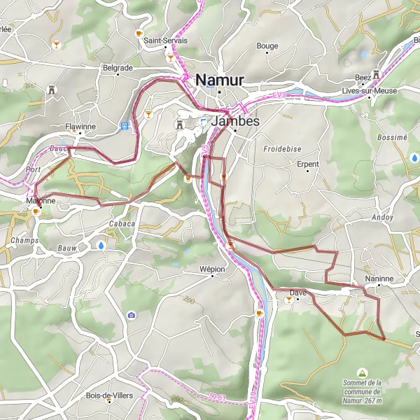 Map miniature of "Scenic Cycling Route around Malonne" cycling inspiration in Prov. Namur, Belgium. Generated by Tarmacs.app cycling route planner