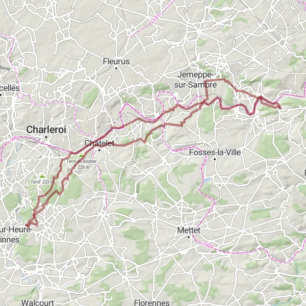 Karten-Miniaturansicht der Radinspiration "Graveltour von Malonne nach Franière und zurück" in Prov. Namur, Belgium. Erstellt vom Tarmacs.app-Routenplaner für Radtouren