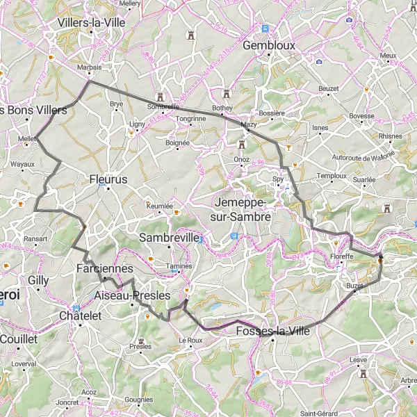 Map miniature of "Road to Buzet and Floriffoux" cycling inspiration in Prov. Namur, Belgium. Generated by Tarmacs.app cycling route planner