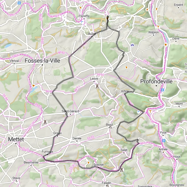 Map miniature of "Road to Maredret and Graux" cycling inspiration in Prov. Namur, Belgium. Generated by Tarmacs.app cycling route planner