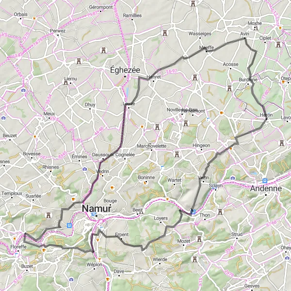 Map miniature of "Malonne to Saint-Servais Road Route" cycling inspiration in Prov. Namur, Belgium. Generated by Tarmacs.app cycling route planner