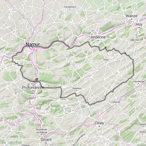 Map miniature of "Road to Navinne and Tailfer" cycling inspiration in Prov. Namur, Belgium. Generated by Tarmacs.app cycling route planner