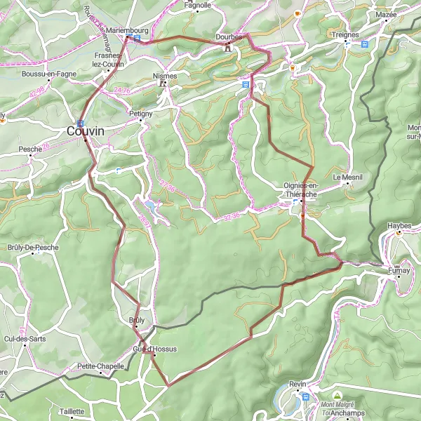 Map miniature of "Gravel Adventure in the Gorges of Rimbaud" cycling inspiration in Prov. Namur, Belgium. Generated by Tarmacs.app cycling route planner