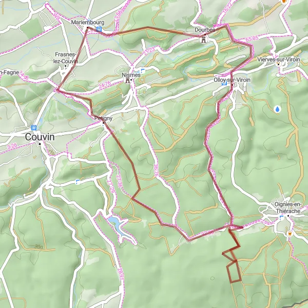 Karten-Miniaturansicht der Radinspiration "Abenteuerliche Radtour durch die Natur rund um Mariembourg" in Prov. Namur, Belgium. Erstellt vom Tarmacs.app-Routenplaner für Radtouren