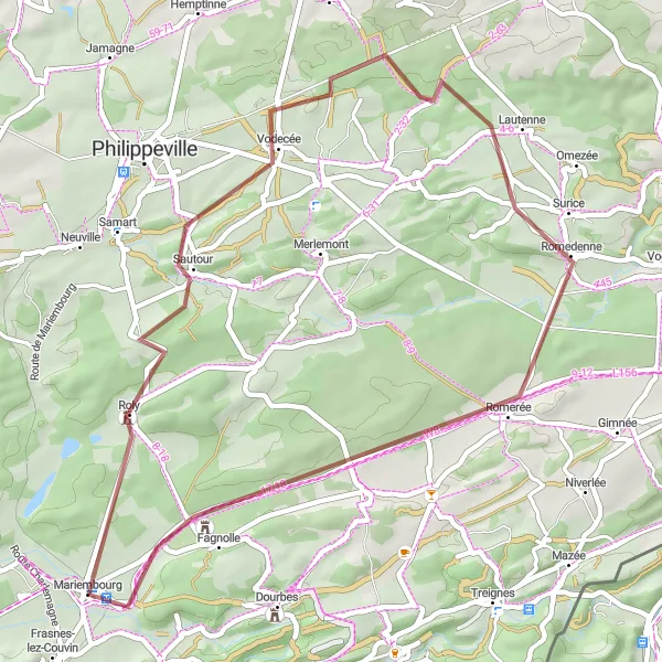 Map miniature of "Mariembourg to Fagnolle" cycling inspiration in Prov. Namur, Belgium. Generated by Tarmacs.app cycling route planner