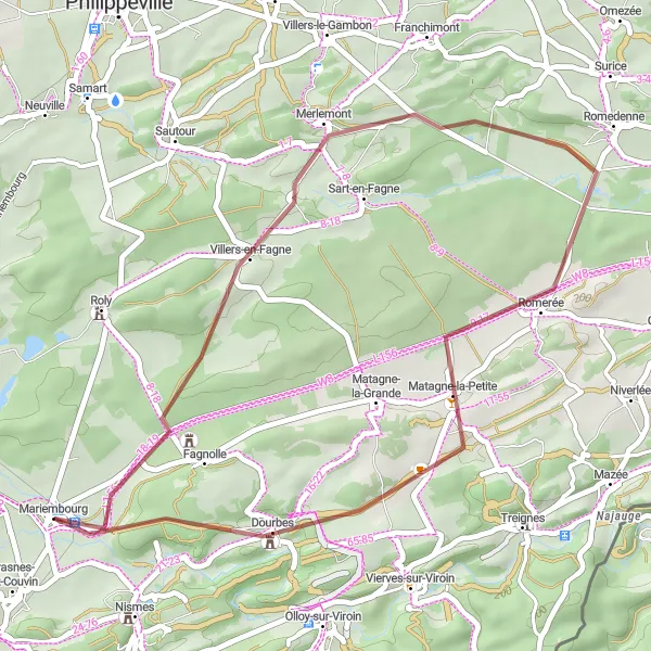 Map miniature of "Mariembourg to Dourbes" cycling inspiration in Prov. Namur, Belgium. Generated by Tarmacs.app cycling route planner