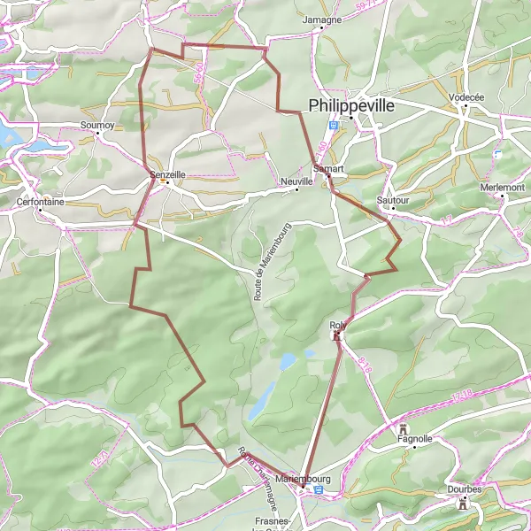 Map miniature of "Mariembourg Escape" cycling inspiration in Prov. Namur, Belgium. Generated by Tarmacs.app cycling route planner