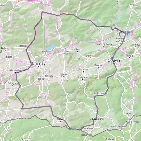 Miniature de la carte de l'inspiration cycliste "Parcours de cyclisme Mariembourg - Géronsart - Mariembourg" dans la Prov. Namur, Belgium. Générée par le planificateur d'itinéraire cycliste Tarmacs.app