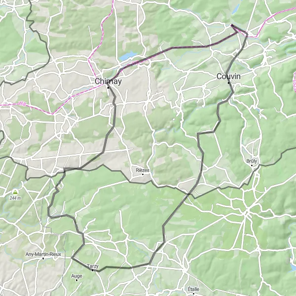 Map miniature of "Mariembourg to Chimay" cycling inspiration in Prov. Namur, Belgium. Generated by Tarmacs.app cycling route planner