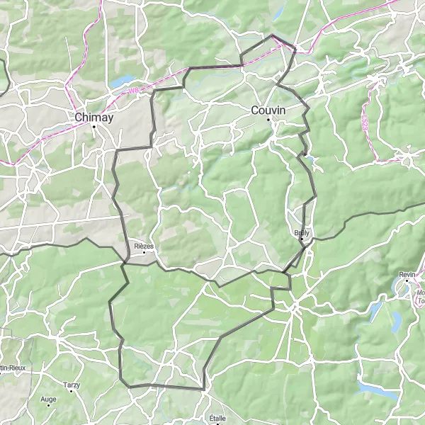 Map miniature of "Mariembourg to Aublain" cycling inspiration in Prov. Namur, Belgium. Generated by Tarmacs.app cycling route planner