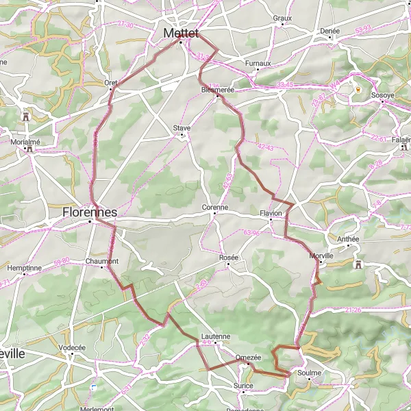 Karten-Miniaturansicht der Radinspiration "Gravelroute Mettet - Biesmerée - Omezée - Oret" in Prov. Namur, Belgium. Erstellt vom Tarmacs.app-Routenplaner für Radtouren