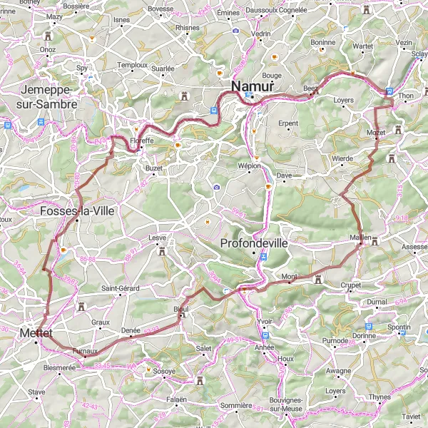 Map miniature of "Gravel Route: Mettet to Furnaux" cycling inspiration in Prov. Namur, Belgium. Generated by Tarmacs.app cycling route planner