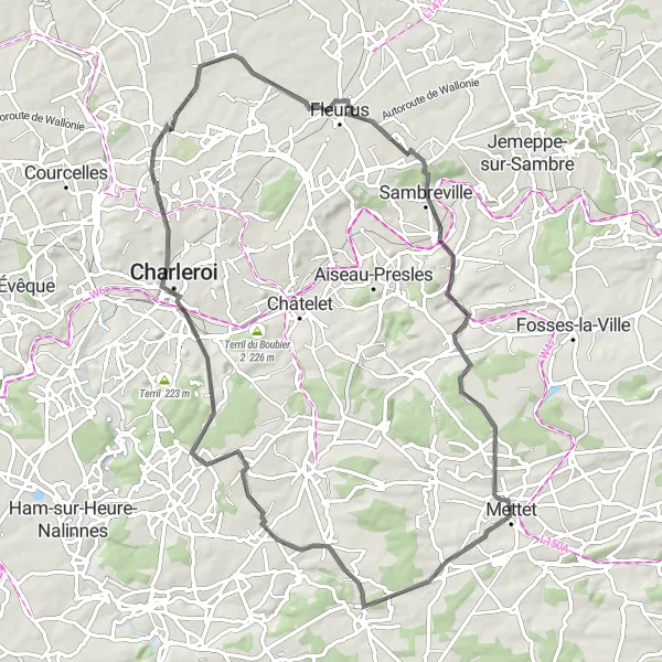 Miniature de la carte de l'inspiration cycliste "La Grande Boucle des Paysages Variés de Mettet" dans la Prov. Namur, Belgium. Générée par le planificateur d'itinéraire cycliste Tarmacs.app