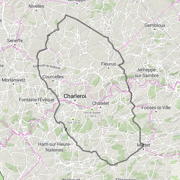 Map miniature of "Road Route: Thy-le-Bauduin Century" cycling inspiration in Prov. Namur, Belgium. Generated by Tarmacs.app cycling route planner