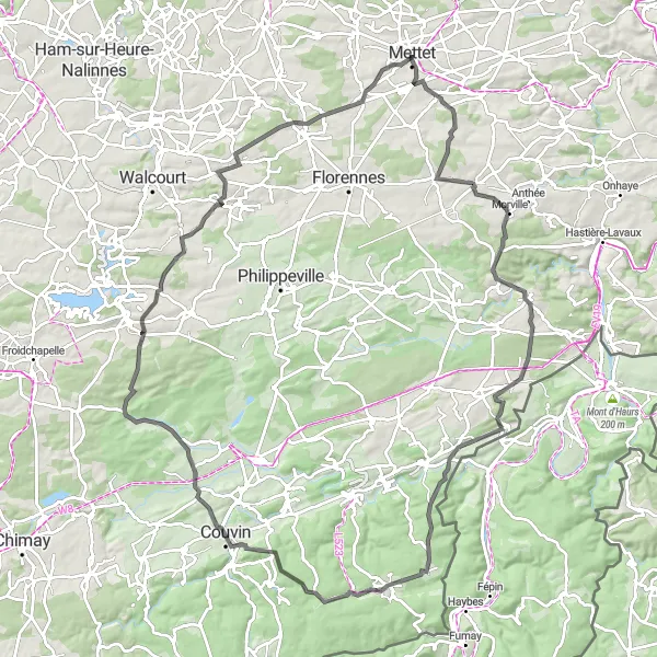 Miniatuurkaart van de fietsinspiratie "Route van Mettet naar Oret" in Prov. Namur, Belgium. Gemaakt door de Tarmacs.app fietsrouteplanner