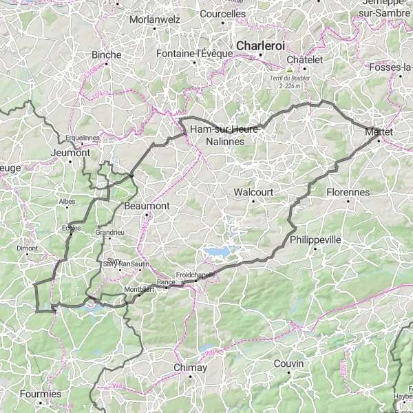 Map miniature of "Château de Morialmé and Beyond" cycling inspiration in Prov. Namur, Belgium. Generated by Tarmacs.app cycling route planner
