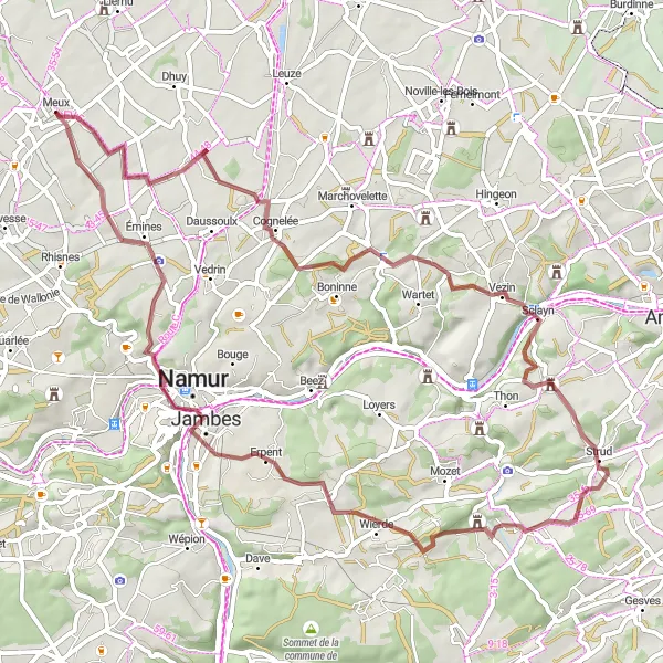 Miniatuurkaart van de fietsinspiratie "Uitdagende gravelroute langs Meux" in Prov. Namur, Belgium. Gemaakt door de Tarmacs.app fietsrouteplanner