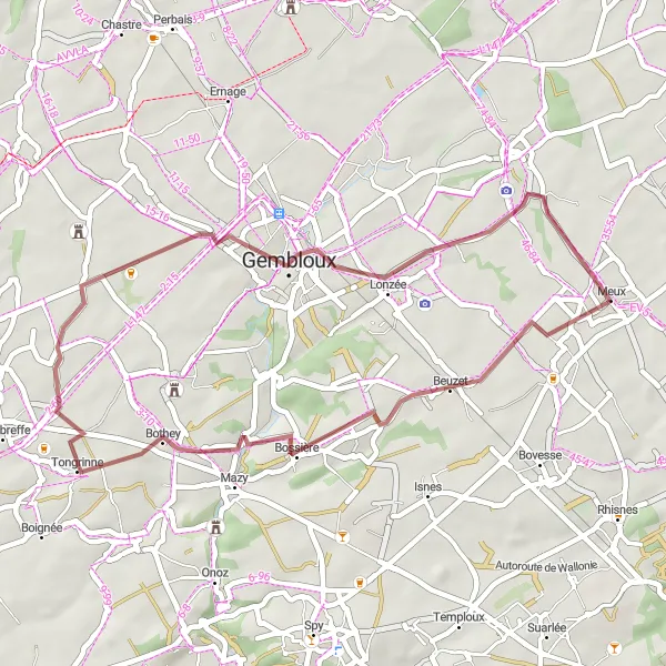 Miniatuurkaart van de fietsinspiratie "Korte gravelrit bij Meux" in Prov. Namur, Belgium. Gemaakt door de Tarmacs.app fietsrouteplanner