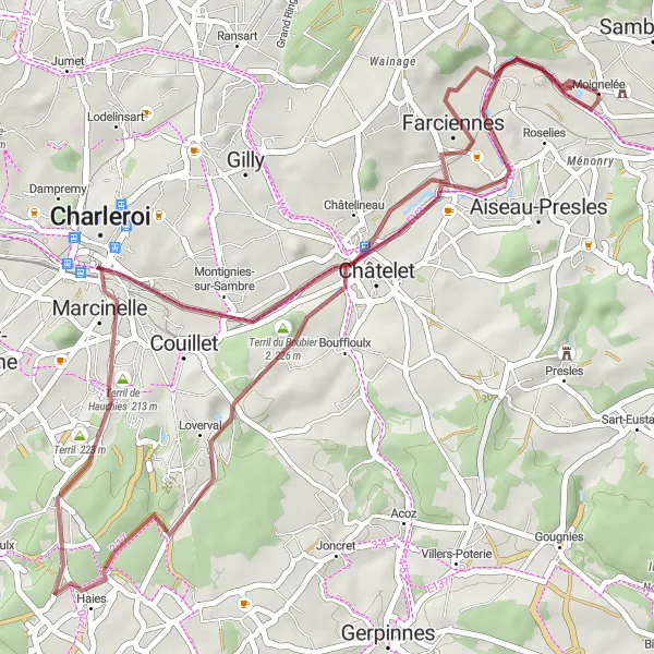 Map miniature of "Charming Gravel Adventure around Moignelée" cycling inspiration in Prov. Namur, Belgium. Generated by Tarmacs.app cycling route planner