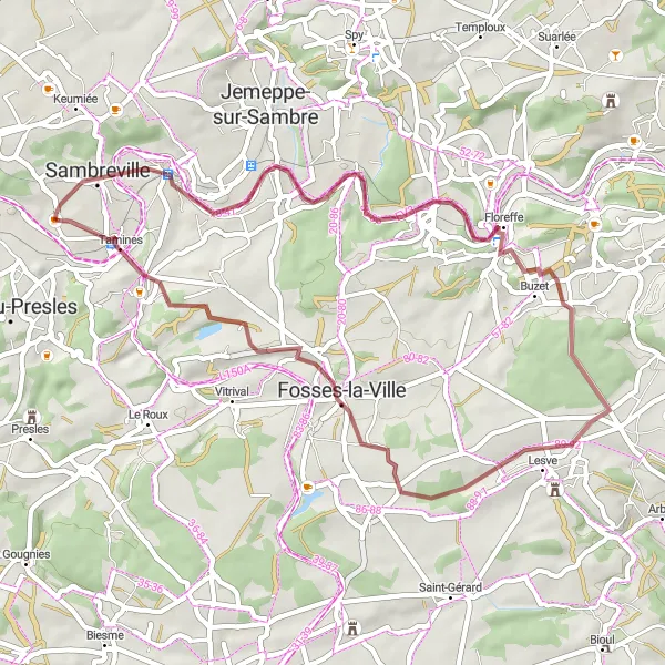 Map miniature of "Quaint Gravel Adventure near Moignelée" cycling inspiration in Prov. Namur, Belgium. Generated by Tarmacs.app cycling route planner