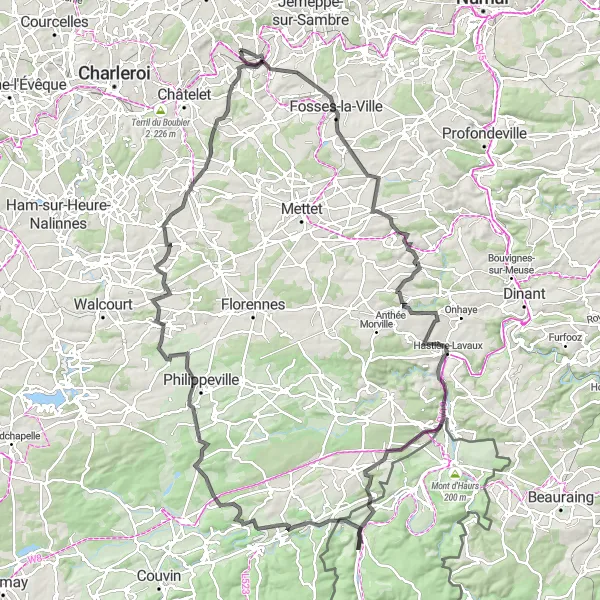 Map miniature of "Moignelée - Exploring the Ardennes" cycling inspiration in Prov. Namur, Belgium. Generated by Tarmacs.app cycling route planner