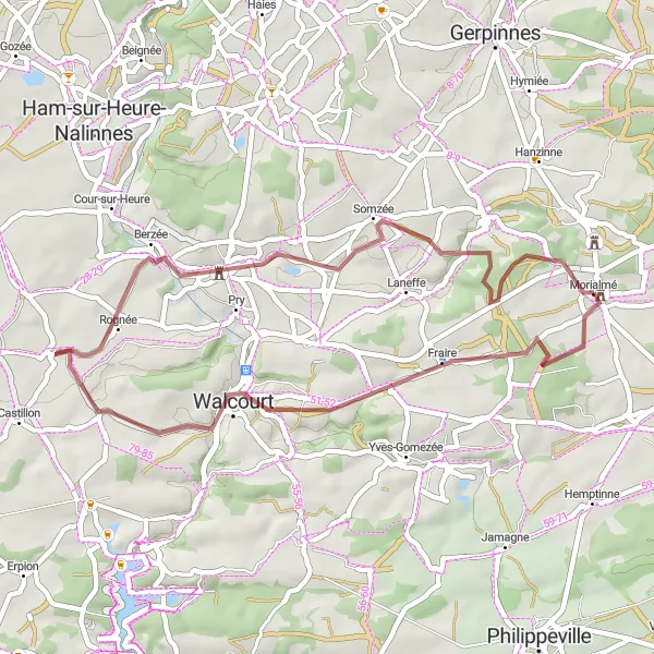 Miniature de la carte de l'inspiration cycliste "Boucle Pittoresque de 39 km Autour de Morialmé" dans la Prov. Namur, Belgium. Générée par le planificateur d'itinéraire cycliste Tarmacs.app
