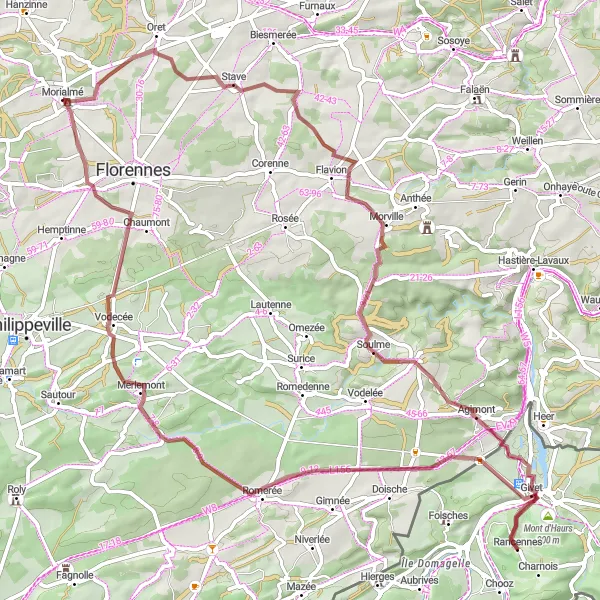 Miniatuurkaart van de fietsinspiratie "Gravelavontuur rond Morialmé" in Prov. Namur, Belgium. Gemaakt door de Tarmacs.app fietsrouteplanner