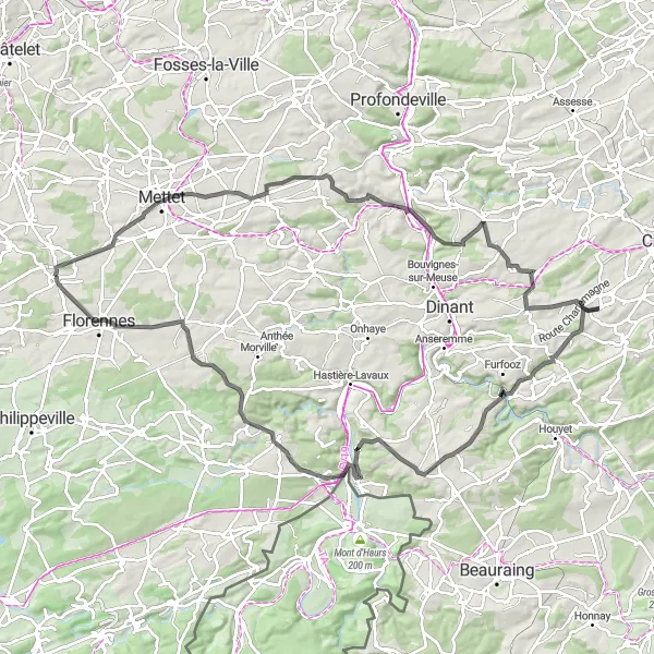 Miniature de la carte de l'inspiration cycliste "Défi Cycliste de 101 km autour de Morialmé" dans la Prov. Namur, Belgium. Générée par le planificateur d'itinéraire cycliste Tarmacs.app