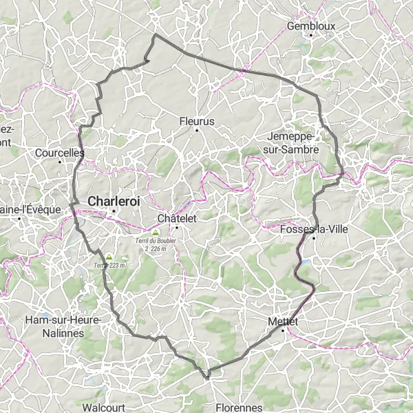 Miniature de la carte de l'inspiration cycliste "Grande boucle de Thy-le-Bauduin Road" dans la Prov. Namur, Belgium. Générée par le planificateur d'itinéraire cycliste Tarmacs.app