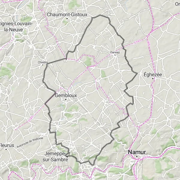 Map miniature of "The Walloon Countryside" cycling inspiration in Prov. Namur, Belgium. Generated by Tarmacs.app cycling route planner