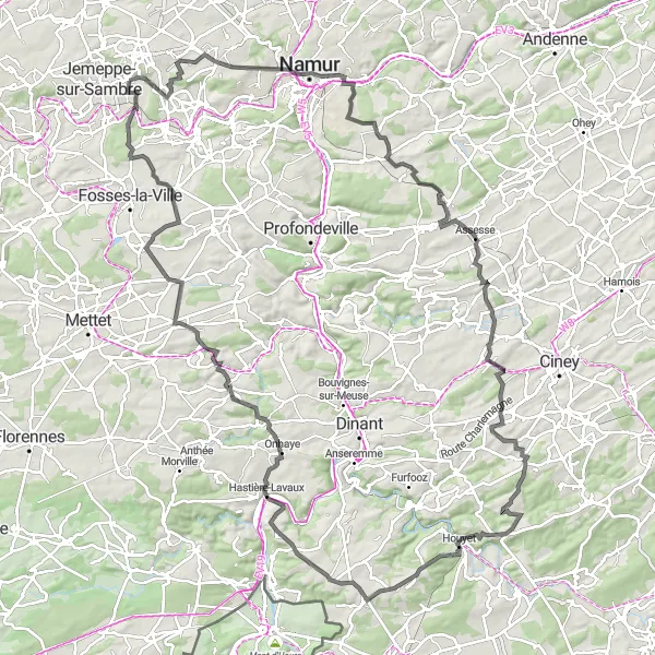 Map miniature of "The Ardennes Challenge" cycling inspiration in Prov. Namur, Belgium. Generated by Tarmacs.app cycling route planner