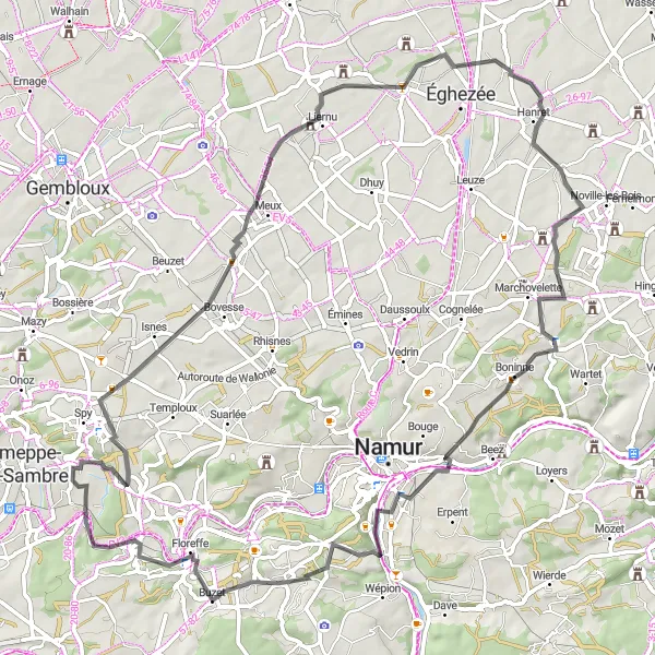 Map miniature of "Exploring Wallonia's Hidden Gems" cycling inspiration in Prov. Namur, Belgium. Generated by Tarmacs.app cycling route planner